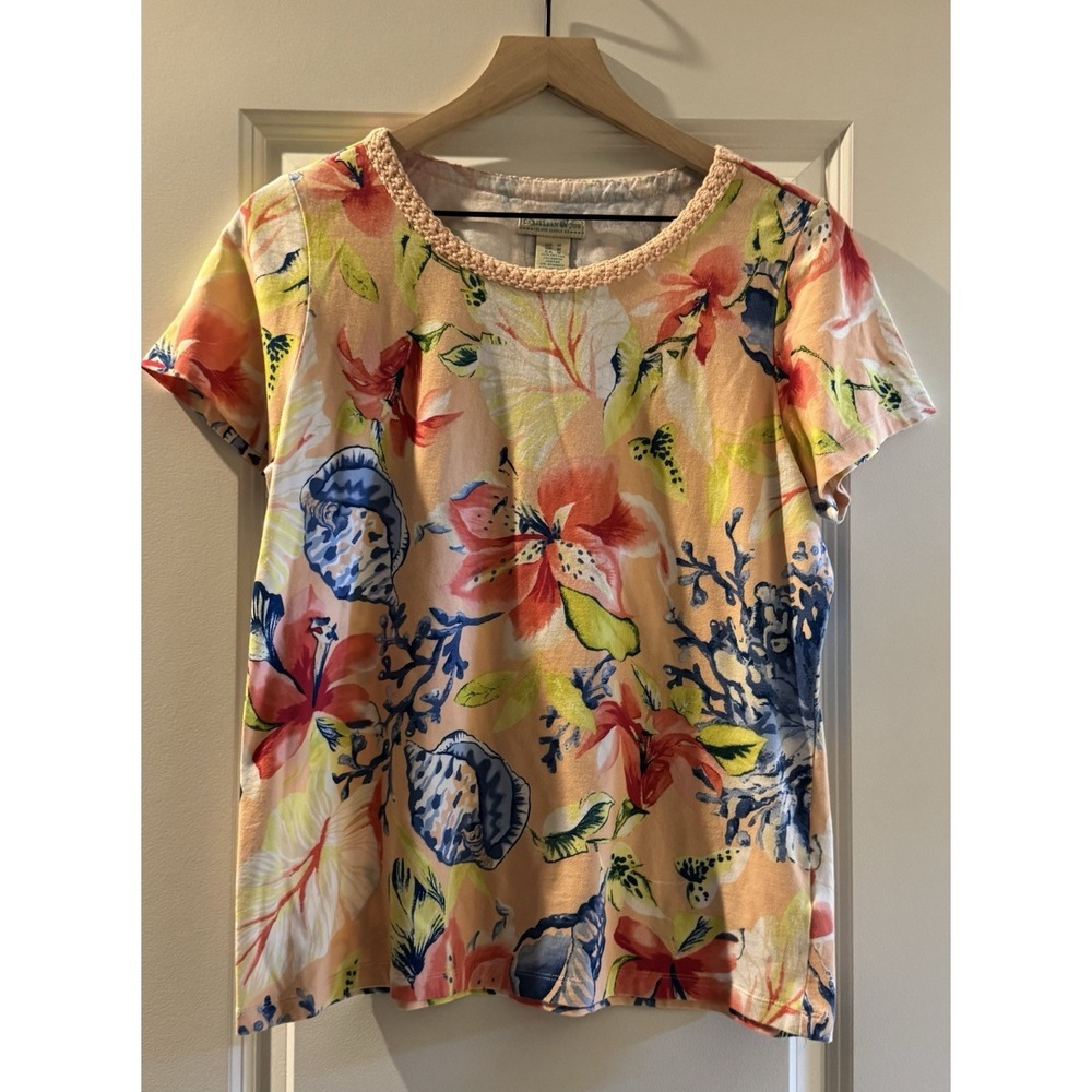 Caribbean Joe Womens Medium Tropical Floral Shell Print Knit Top Peach